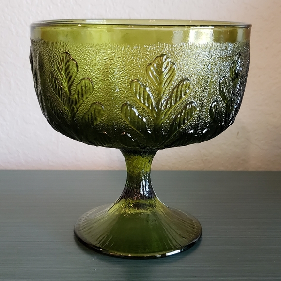 Vintage FTD 1978 Oak Leaf Olive Green Glass Compote Goblet Trinket Jewelry Dish - Picture 1 of 7